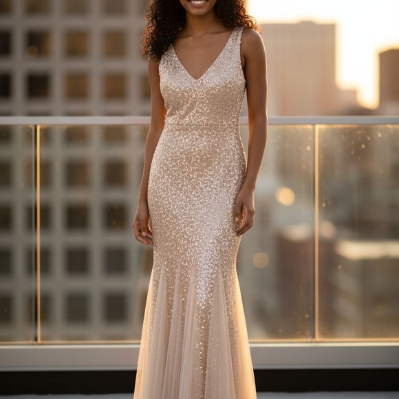 Rose Gold Sequin Evening Gown – Size 8 – Seamstress Special - Picture 1 of 16